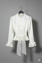 Silky Belted Top with Ruffle Sleeves