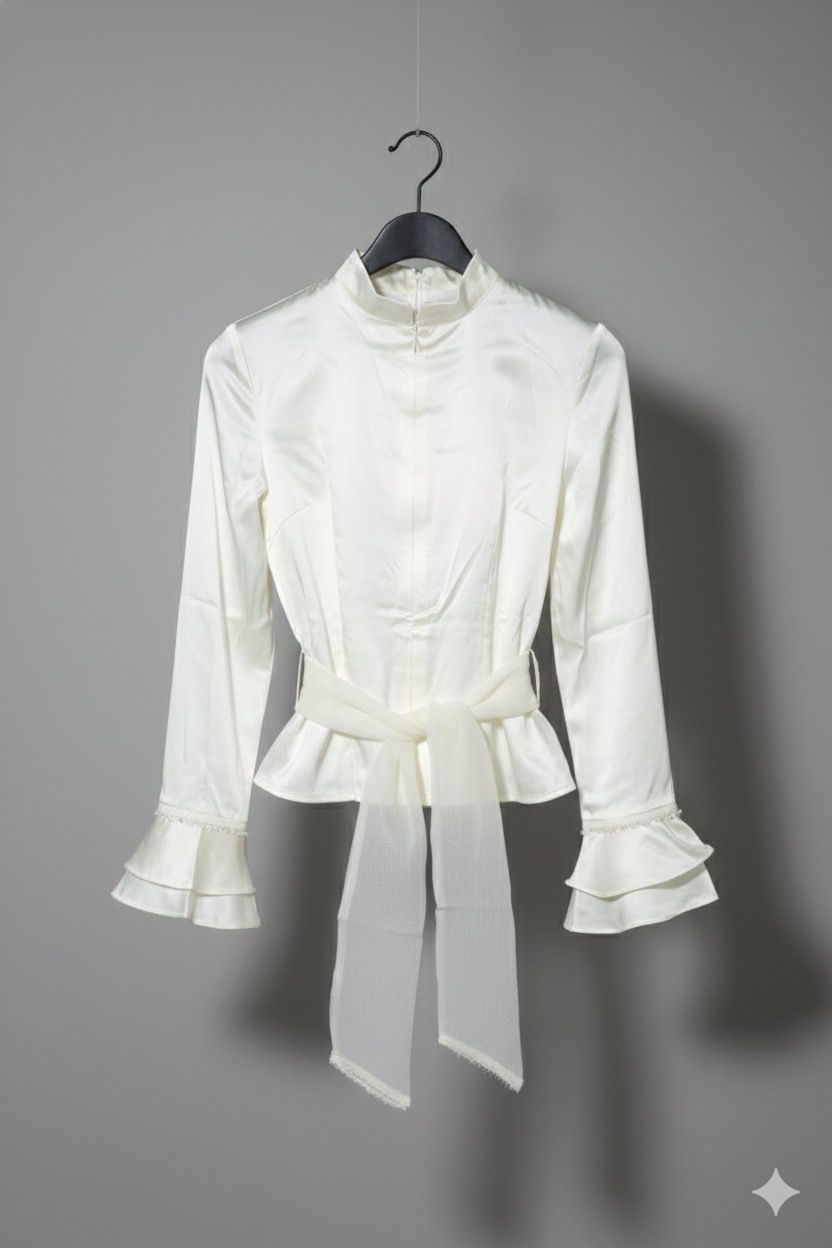 Silky Belted Top with Ruffle Sleeves