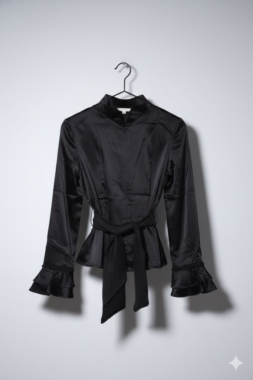 Silky Belted Top with Ruffle Sleeves