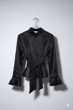 Silky Belted Top with Ruffle Sleeves